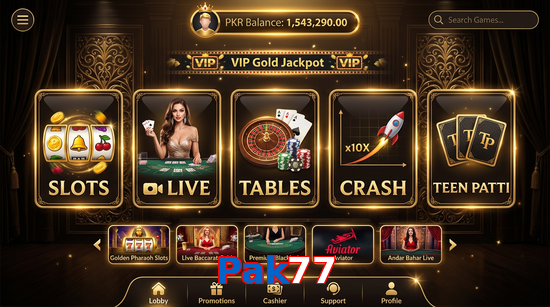 Main screen of Pak77 casino page for PK players